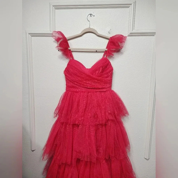 Lulus Fabulous Poise Bright Red Tulle Ruffled Tiered Maxi Dress Party Prom - Picture 8 of 11